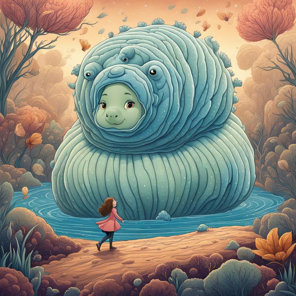 Girl Rides Tardigrade in Miniature World, Digital Art