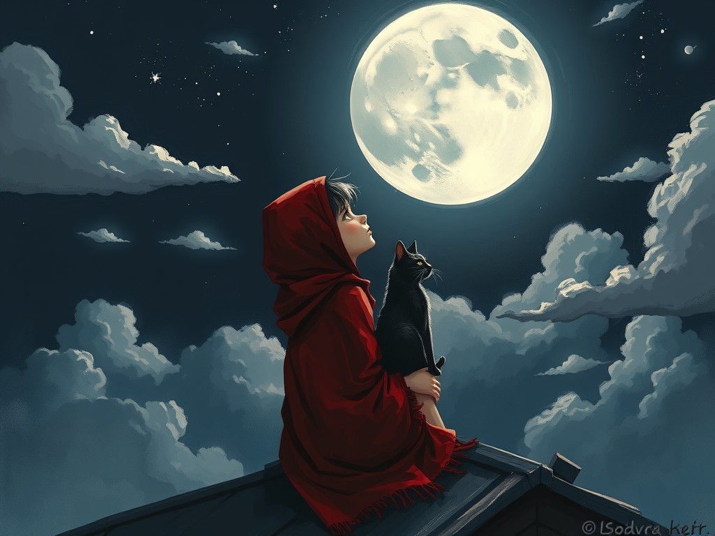 Girl and Cat Gaze at Moon in Dark Fantasy Style