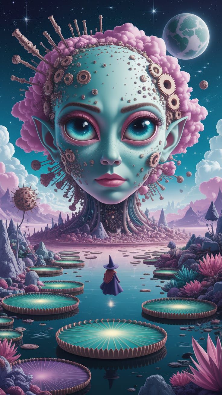Surreal Alien Landscape with Wizard in Fusion Style