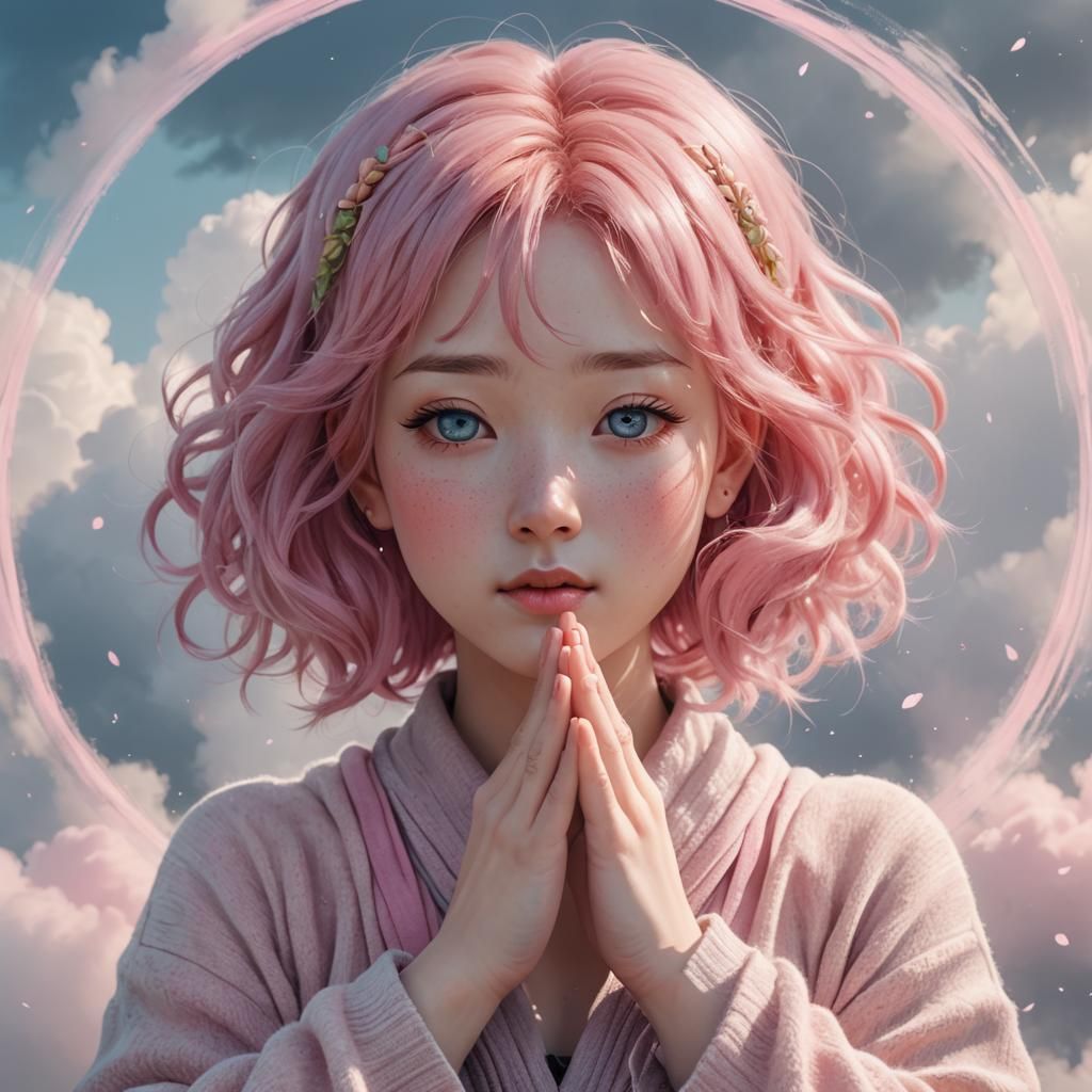 Anime Woman with Wool Hair in Pastel Haze