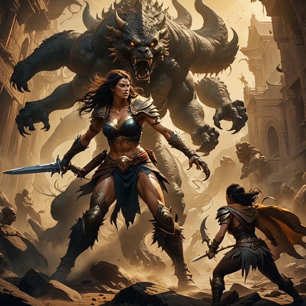 Woman Fighting Monster in Frazetta Style
