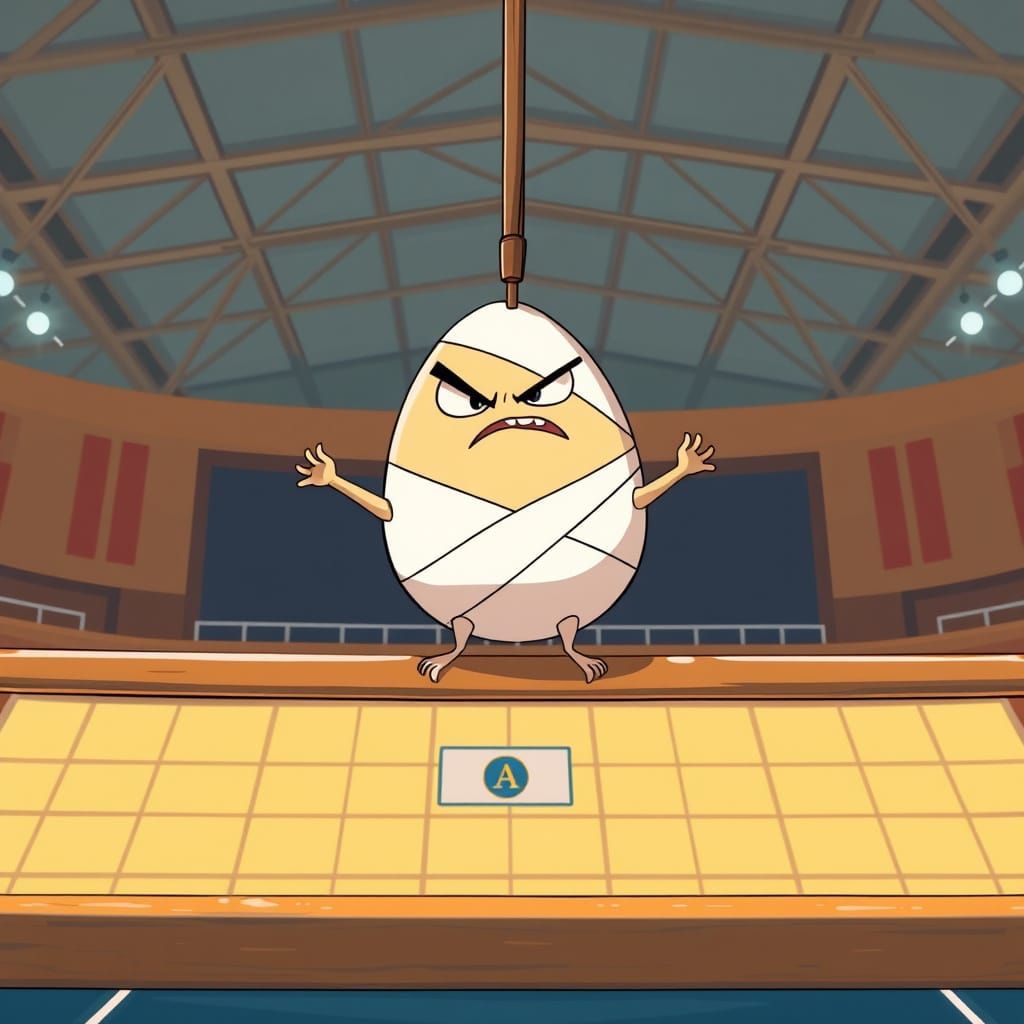 Angry Egg Performs Gymnastics on Beam