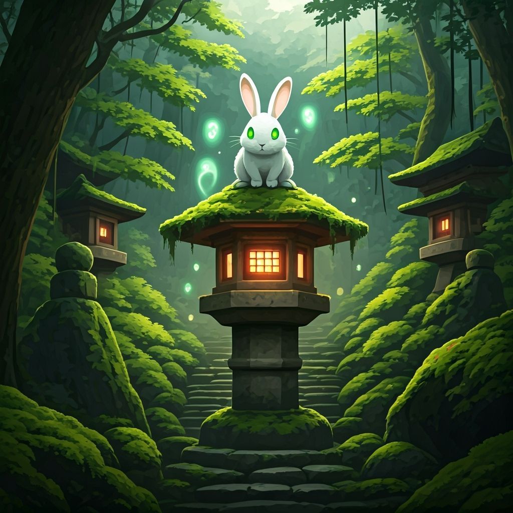 Mischievous Rabbit in Misty Japanese Garden with Ethereal Sp...
