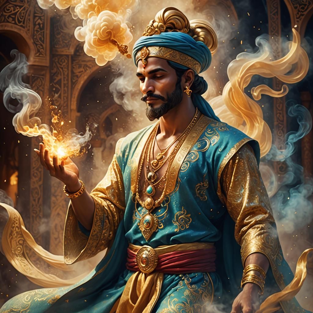 Golden Genie Releasing Magic Smoke in Fantasy Illustration