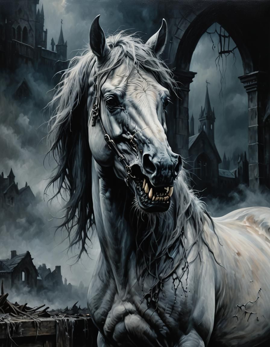 Gothic Horror: Spectral Horse in Dark Oil Painting