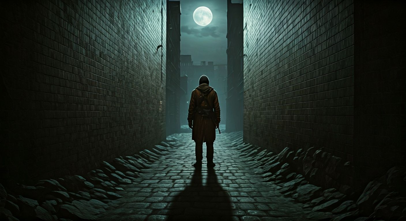 Eerie Figure in Moonlit Alleyway, Ash Thorp Style