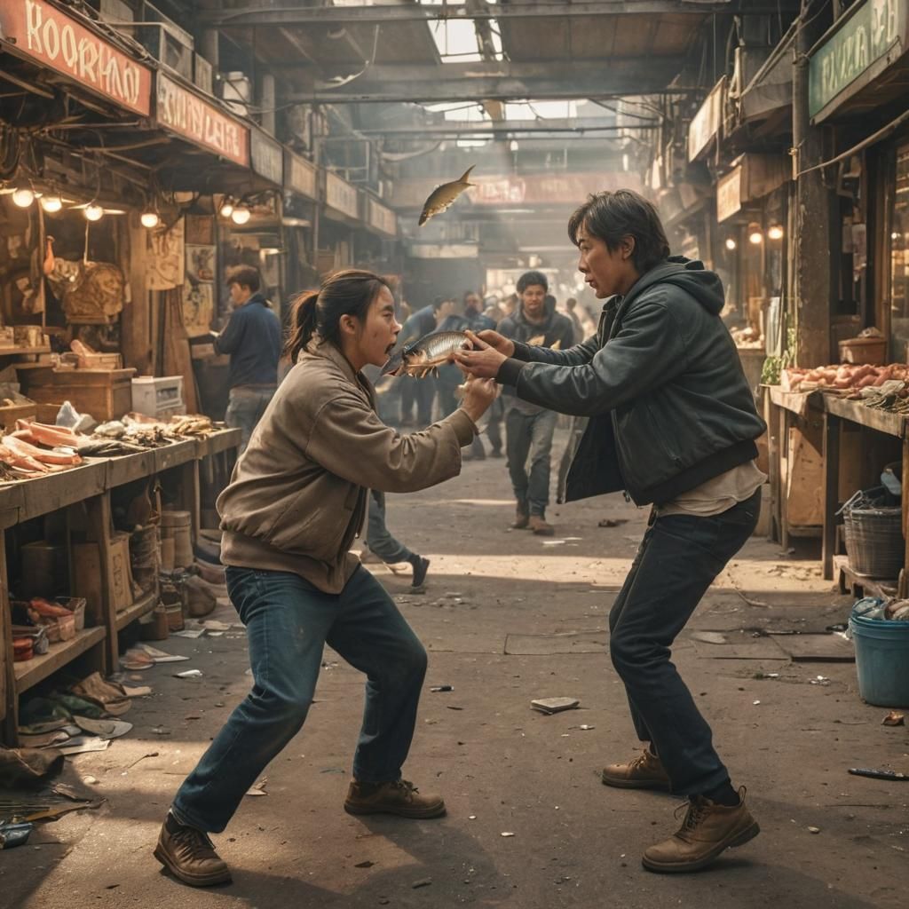 Fish Fight in Marketplace: Hyperdetailed Photorealism