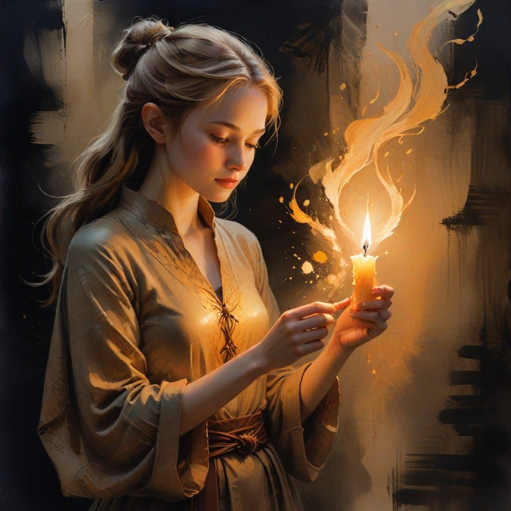 Elf with Candle in Dark: Ink Wash Art