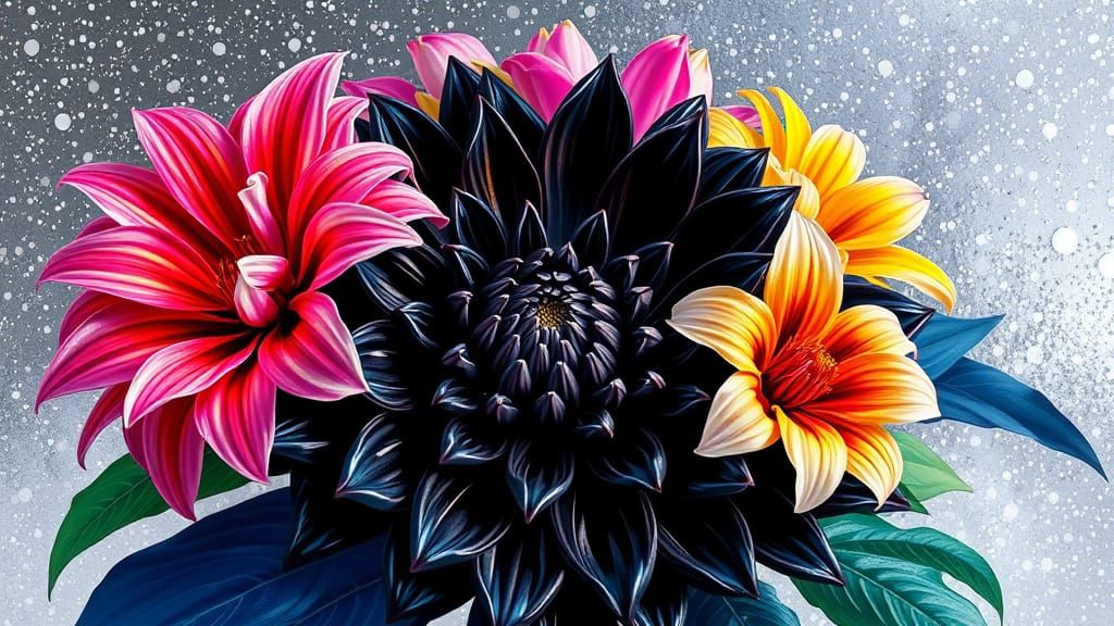 Neon Dahlia Blooms in a Starry Cosmos