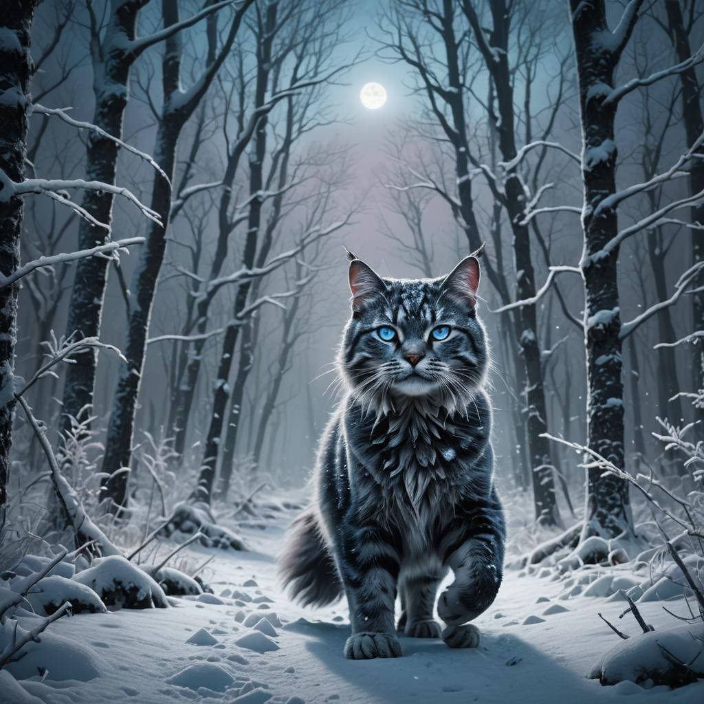Snow Cat in Frozen Forest: Digital Matte Painting