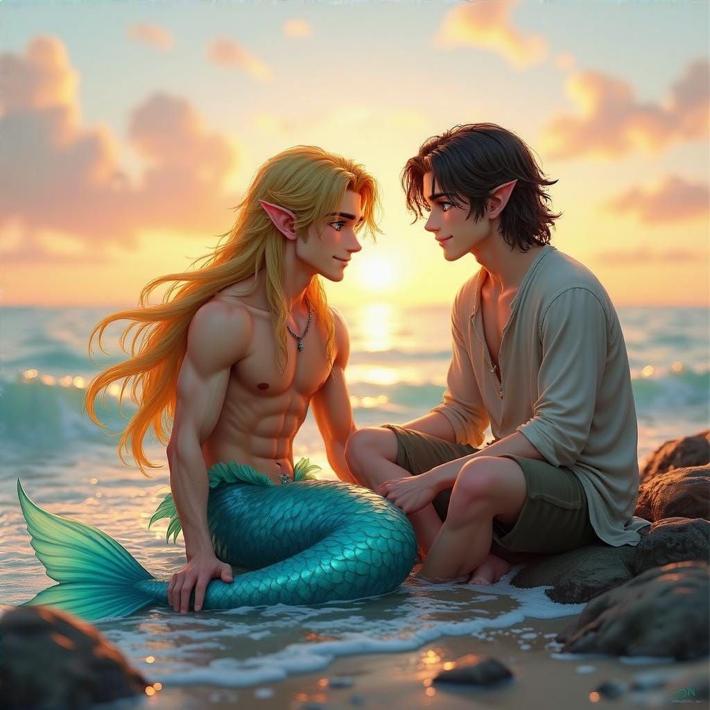 Surreal Merman Romance on Sunset Shore in 3D Anime Art