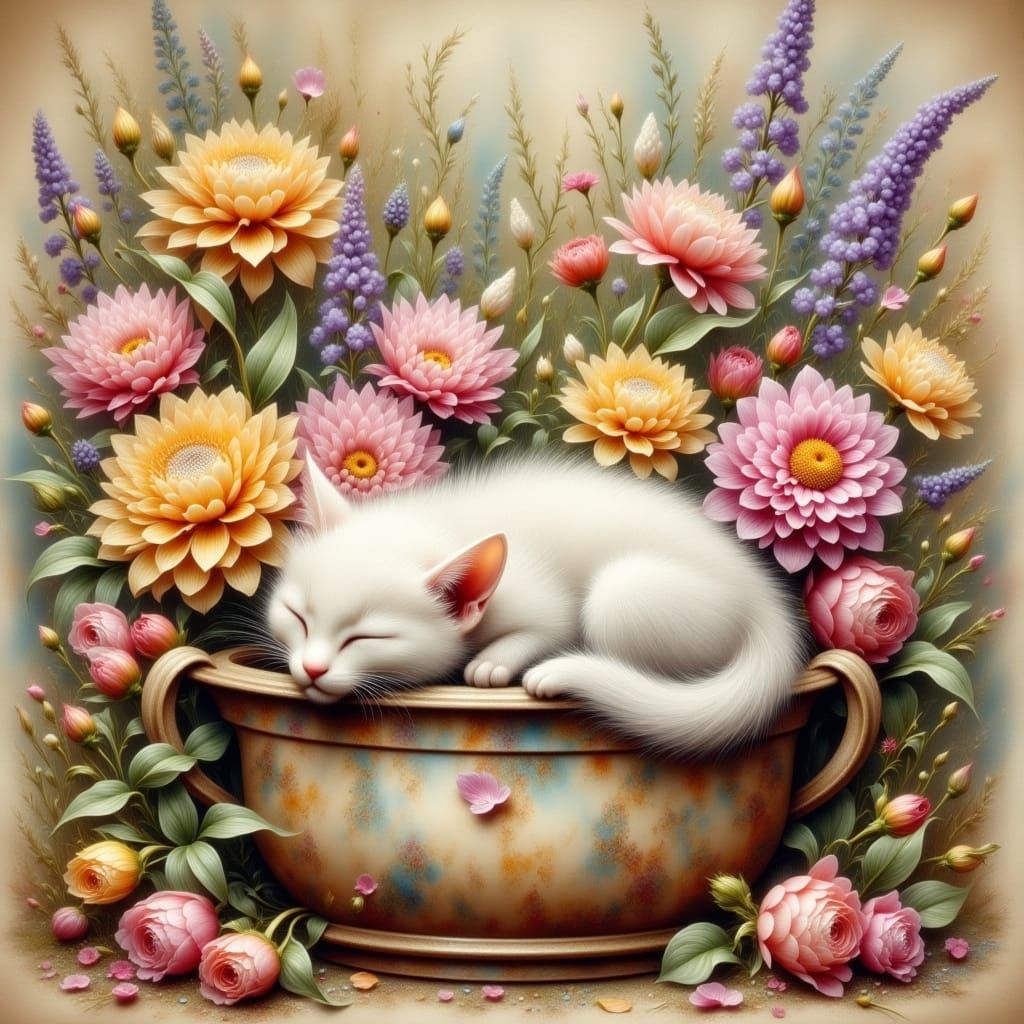 Whimsical Watercolor Kitten in a Floral Planter Box