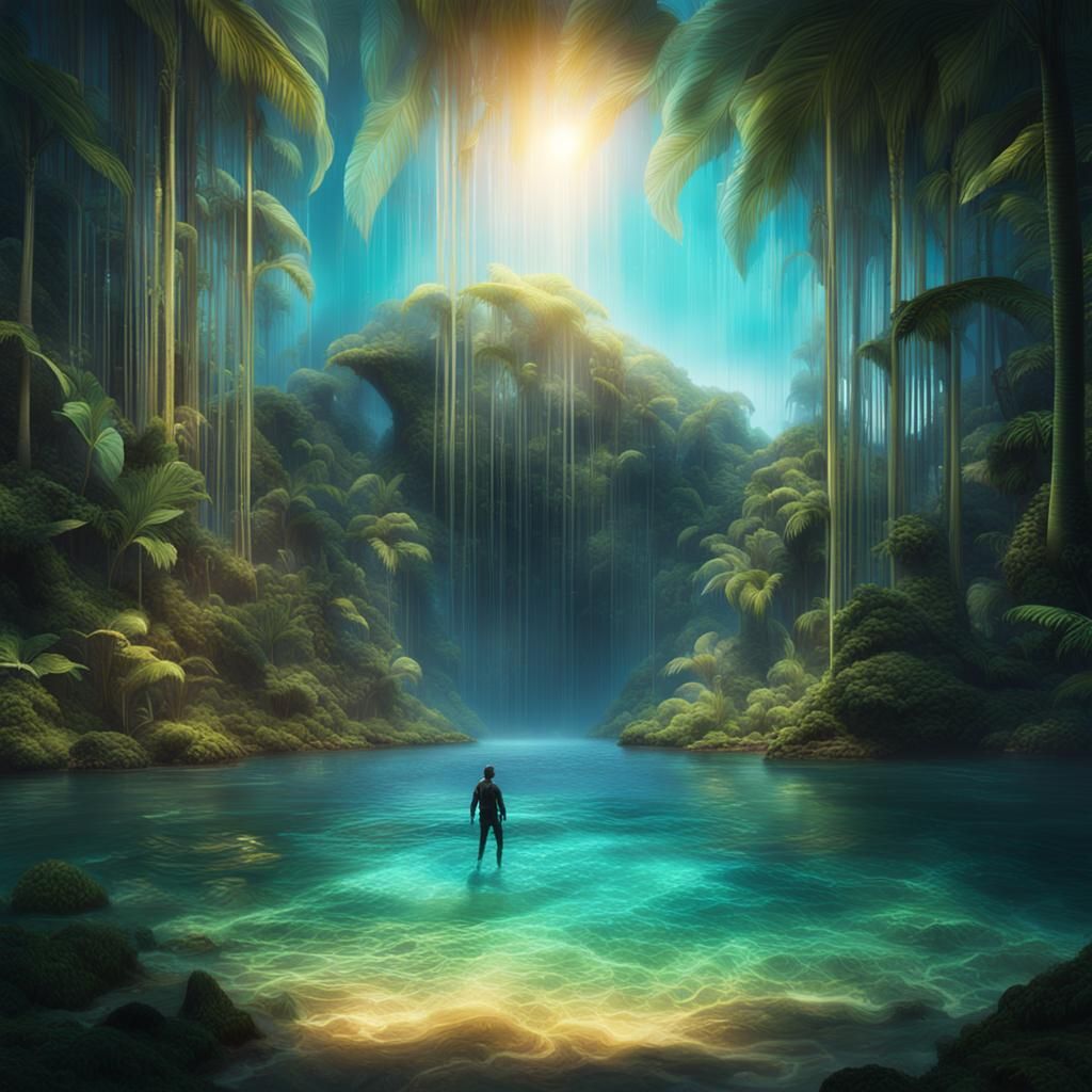 Diver Descending into Tropical Lagoon of Light