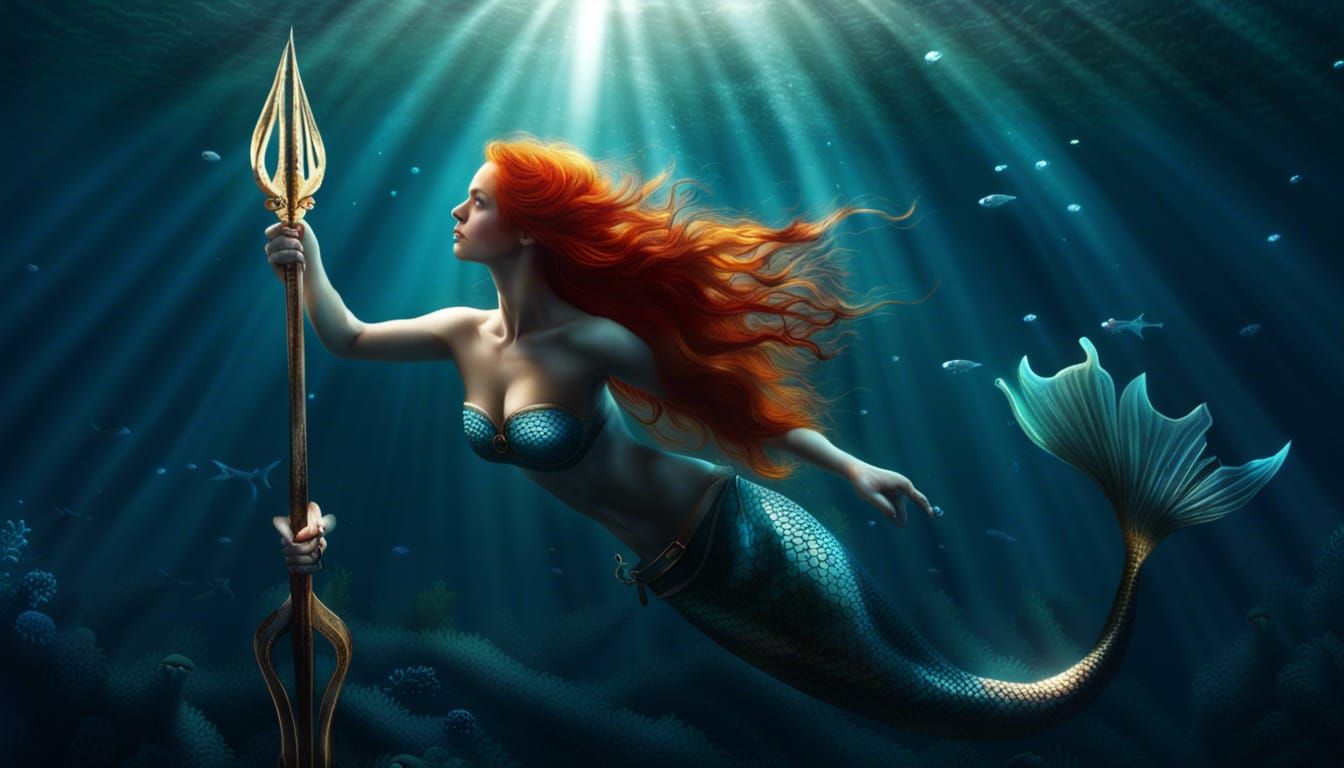 Redhead Mermaid with Trident Undersea