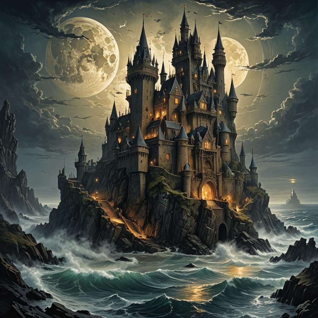 Midnight Castle Seascape with Volumetric Lighting