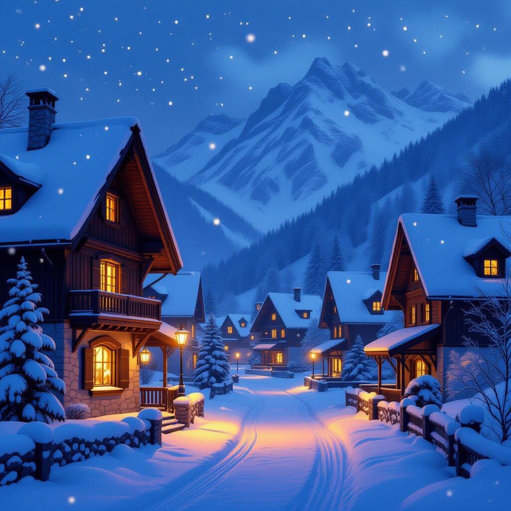 Snowy Mountain Village at Dusk with Warm Lights