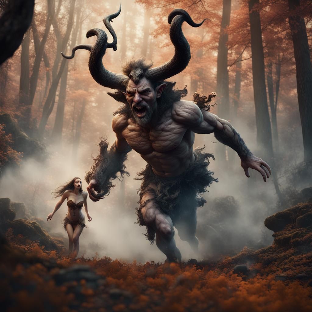 Satyr Chasing Smoke Woman in Forest