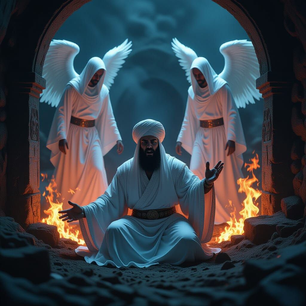 Terrified King Judged by Angels in Burning Grave