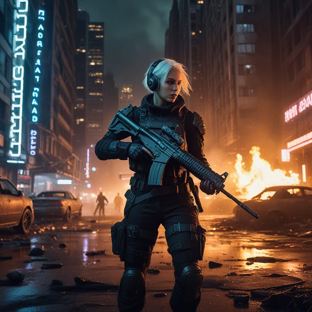 Gritty Cyberpunk Warrior Engages in High-Tech Battle Amidst ...