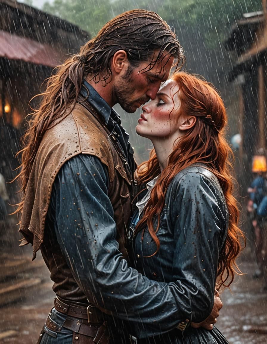 Passionate Kiss in the Wild West Rain