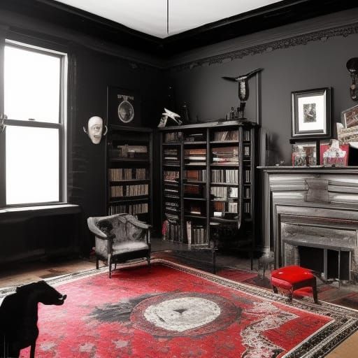 Unhinged Gothic penthouse with Black walls with Dusty black accents& Dusty black Gothic windows with torn up red curtain...