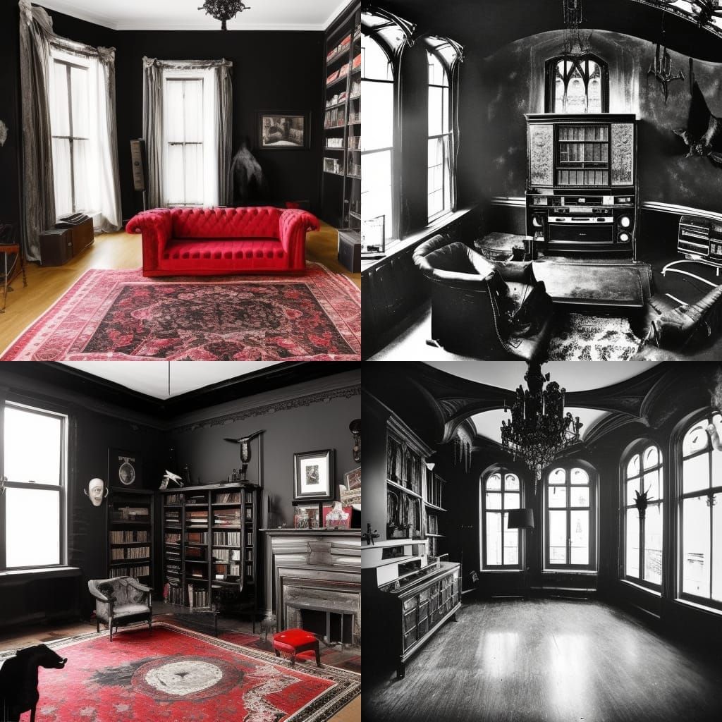 Unhinged Gothic penthouse with Black walls with Dusty black accents& Dusty black Gothic windows with torn up red curtain...
