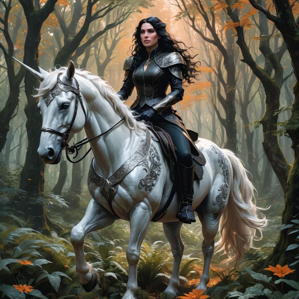 Yennefer on Unicorn in Mystical Forest, Fantasy Art