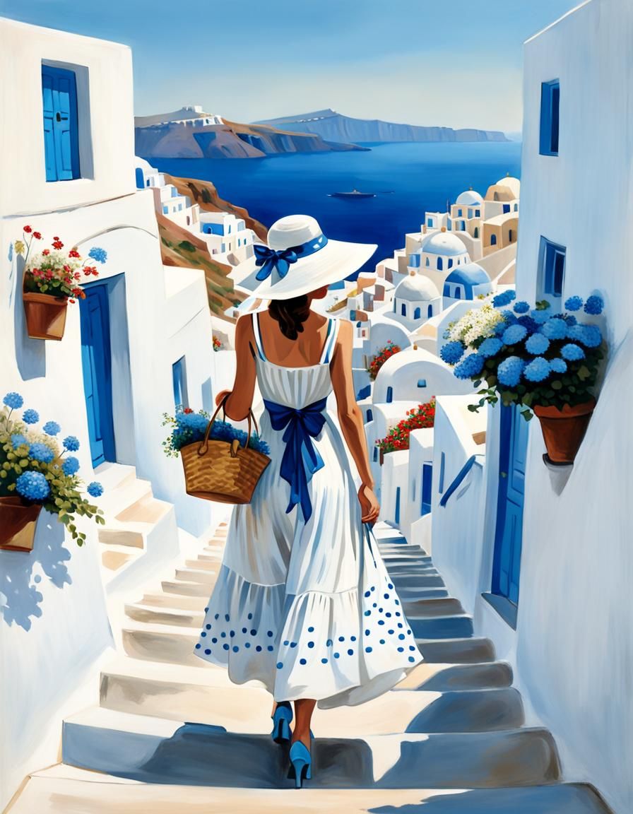 Woman in White Dress, Santorini: Hopper Style
