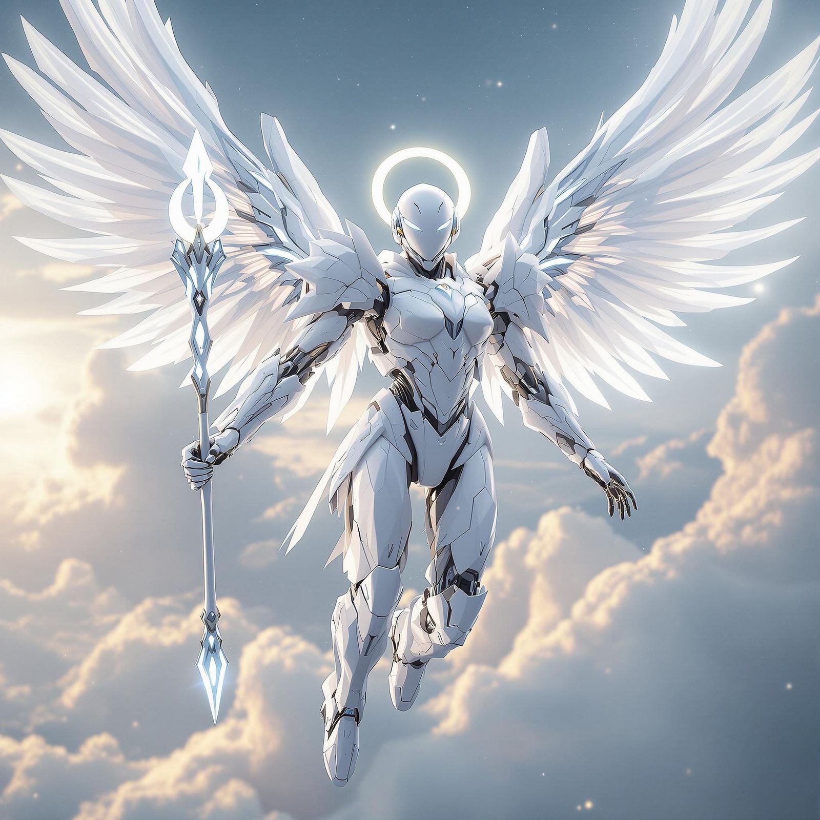 Ethereal Mecha Angel Descends with Futuristic Magic Scepter
