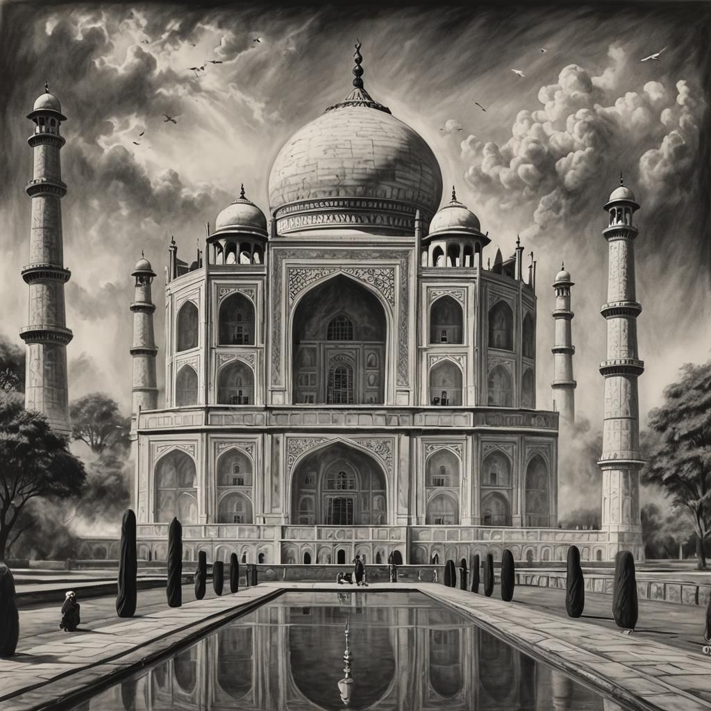 Hyperdetailed Charcoal Drawing of the Taj Mahal