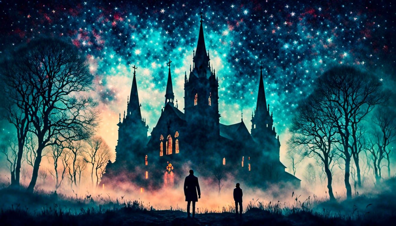 Silhouette in Mist: Church and Starry Sky