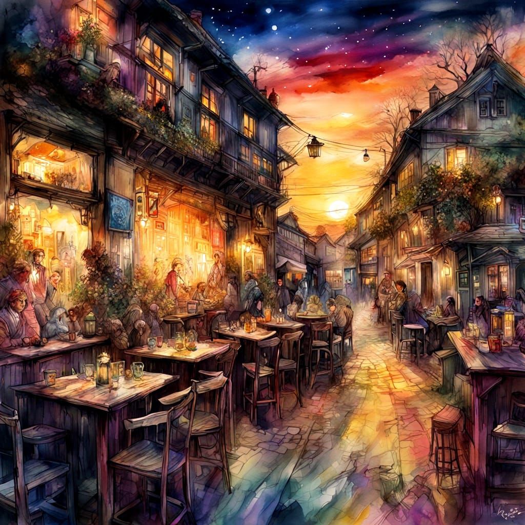 Heroes and Villains Gather at Village Tavern at Night