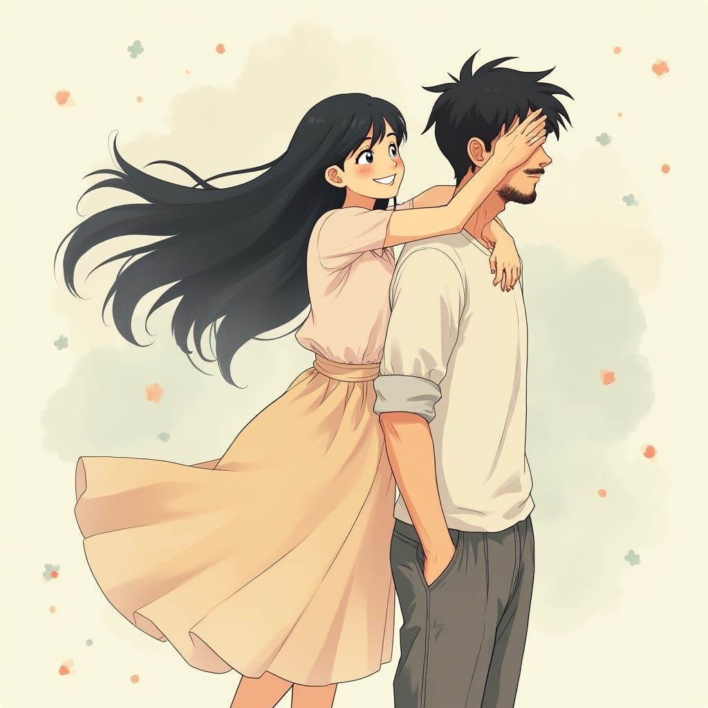 Ghibli-Inspired Whimsy: Young Couple's Playful Moment