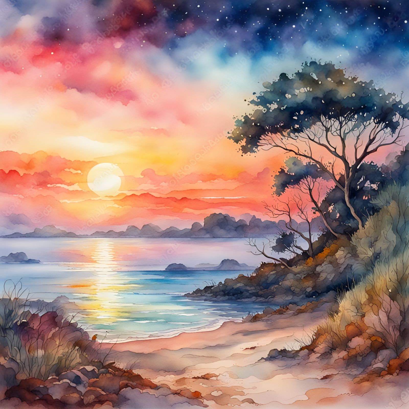 Colorful Sunrise Island Shore Watercolor Painting