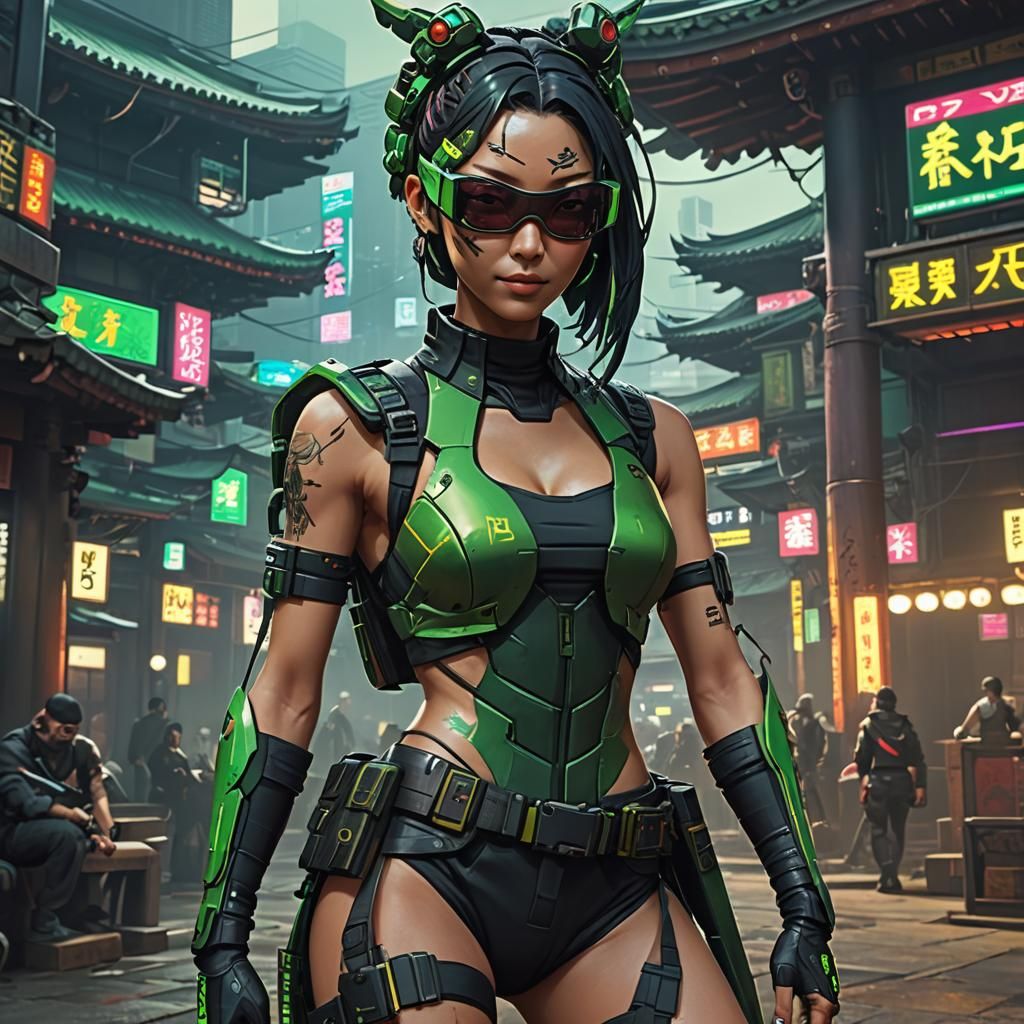 A cyberpunk japanese mantis kunoichi.