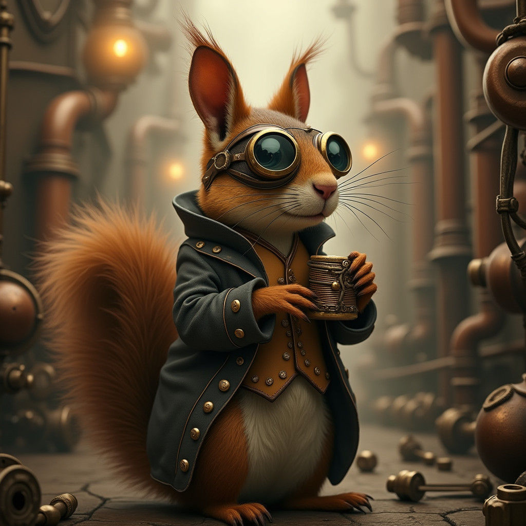 Steampunk Squirrel in Brass-Bound Waistcoat Sips Hot Chocola...