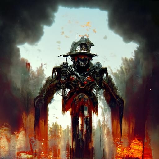 Sinister Flaming War Machine in Dark Fantasy Art
