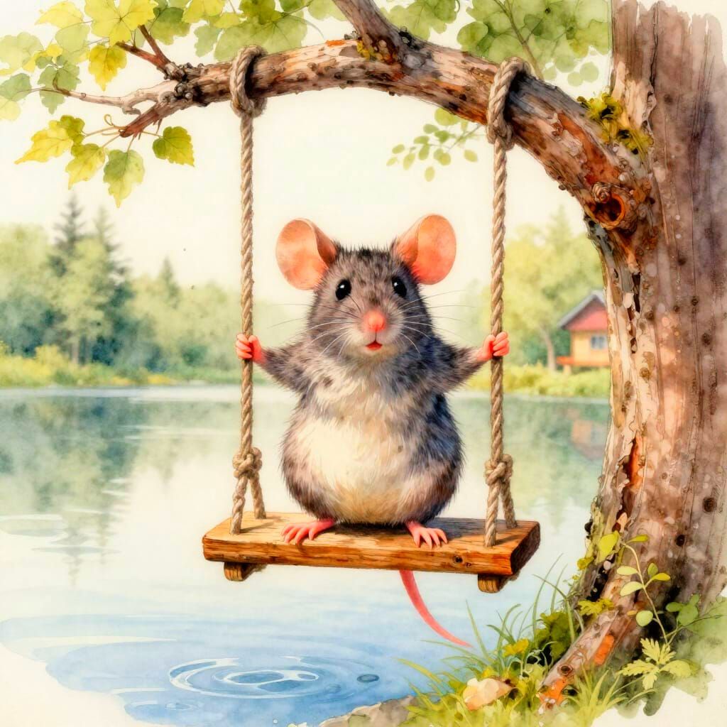 Tiny Mouse Creature on Treehouse Swing, Watercolour Art