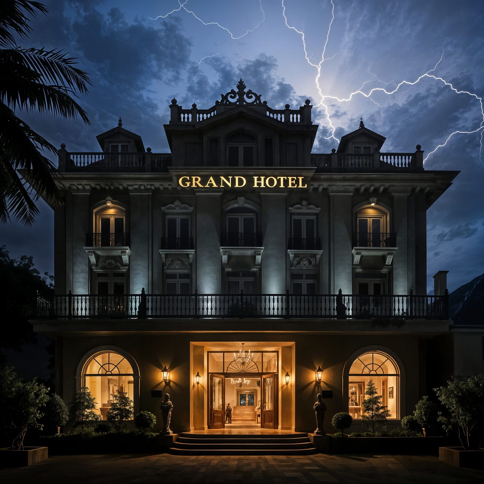 Grand Hotel Facade in Cashmere, India at Night