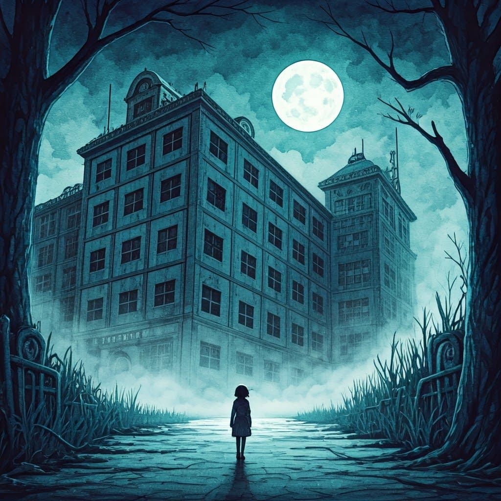 Haunted Aiseikai Hospital at Dusk in Watercolor Style