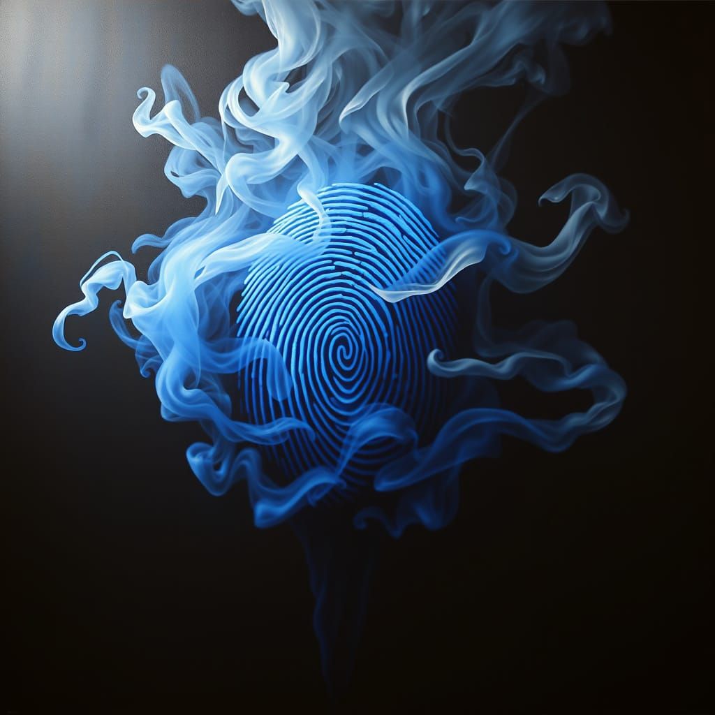 Surreal Blue Fingerprint Dissolving into Smoke