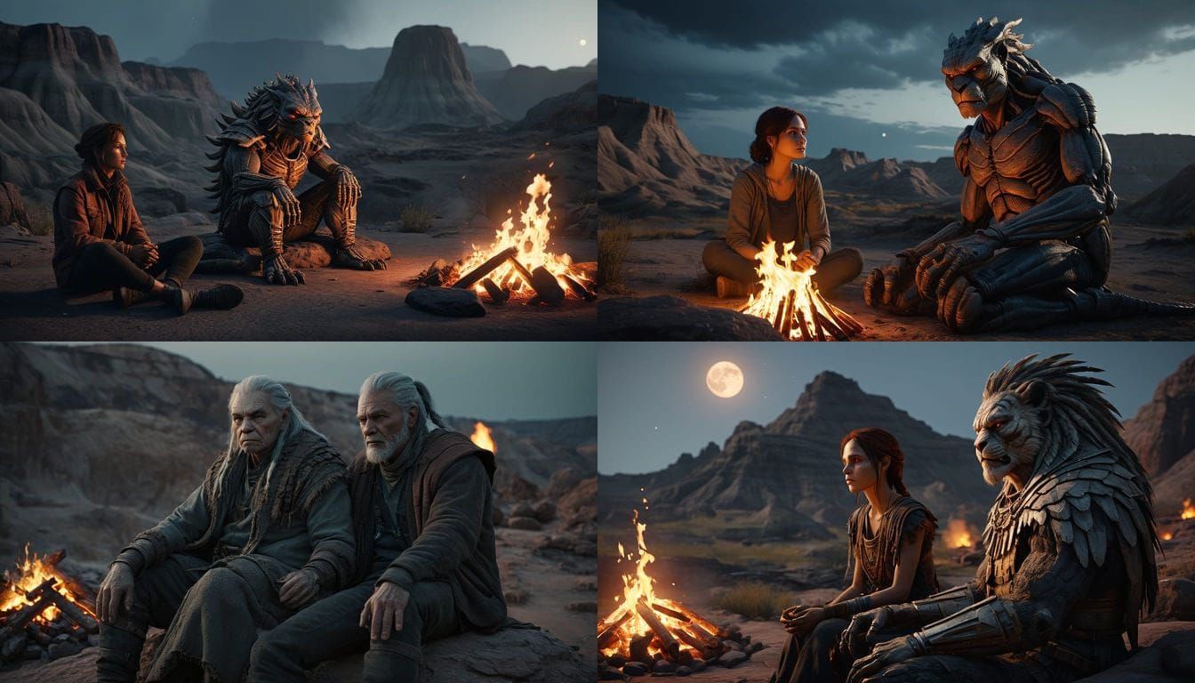 Predator and Friend Toasting Victory in Ethereal Light