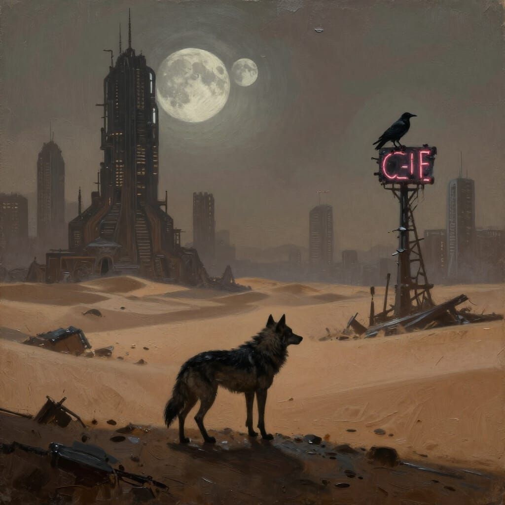 Ancient Wolf in Alien Desert Ruins, Oil Painting Style