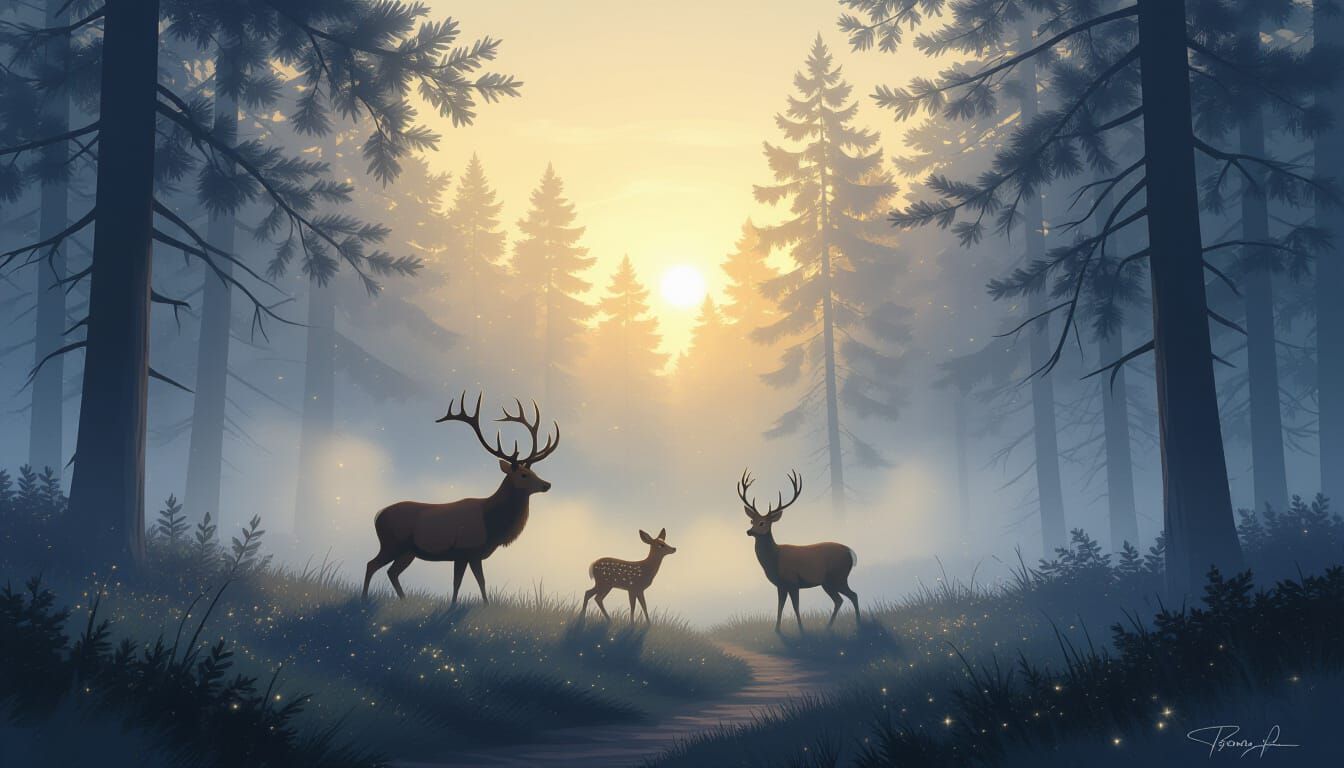 Misty Forest Dawn with Majestic Stag Family