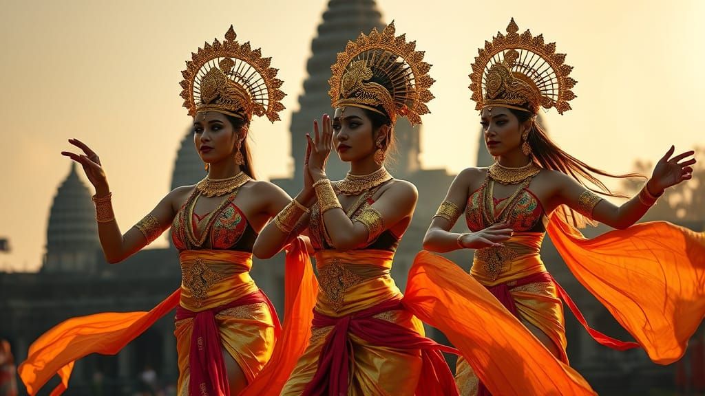 Apsara Dancers Perform at Angkor Wat in Hyperrealistic Style