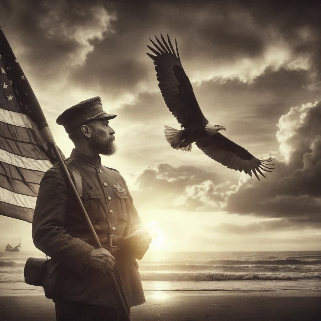 Vintage Photograph of Veteran with American Flag