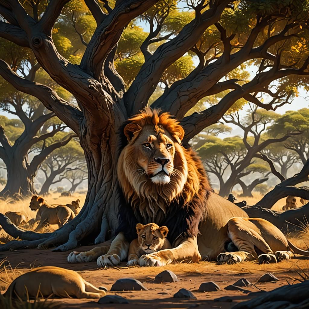 Lioness and Cubs in African Savannah, Dark Fantasy Art