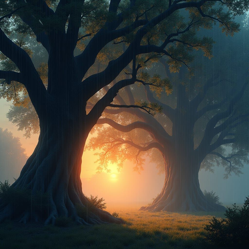 Wind Swept Trees in Sunset Light