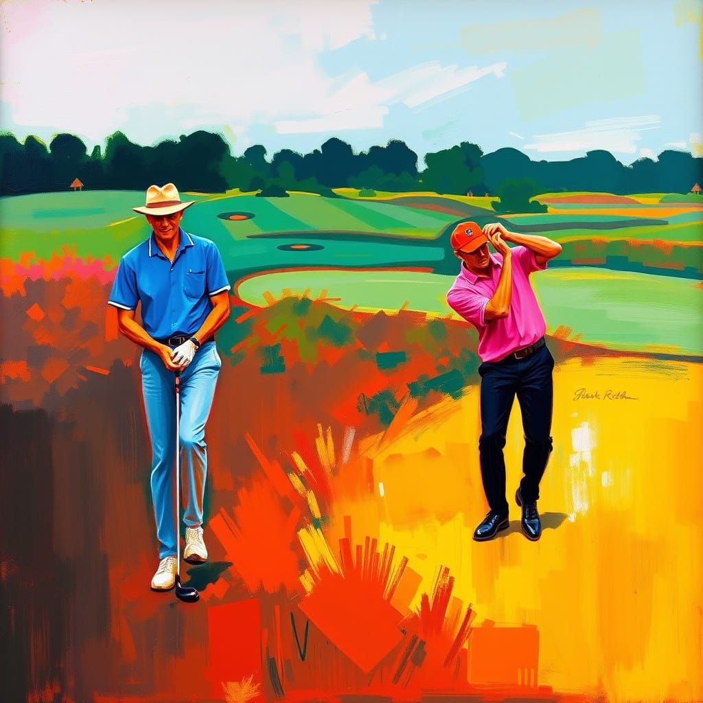 Golfers in Expressionist Abstract Painting with Neon Accents
