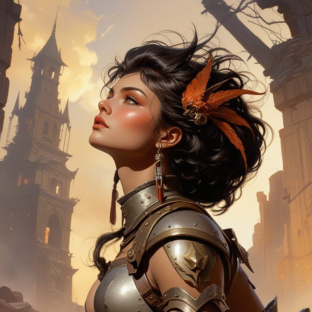 Frazetta-Inspired Fantasy Warrior Goddess in War-Torn City